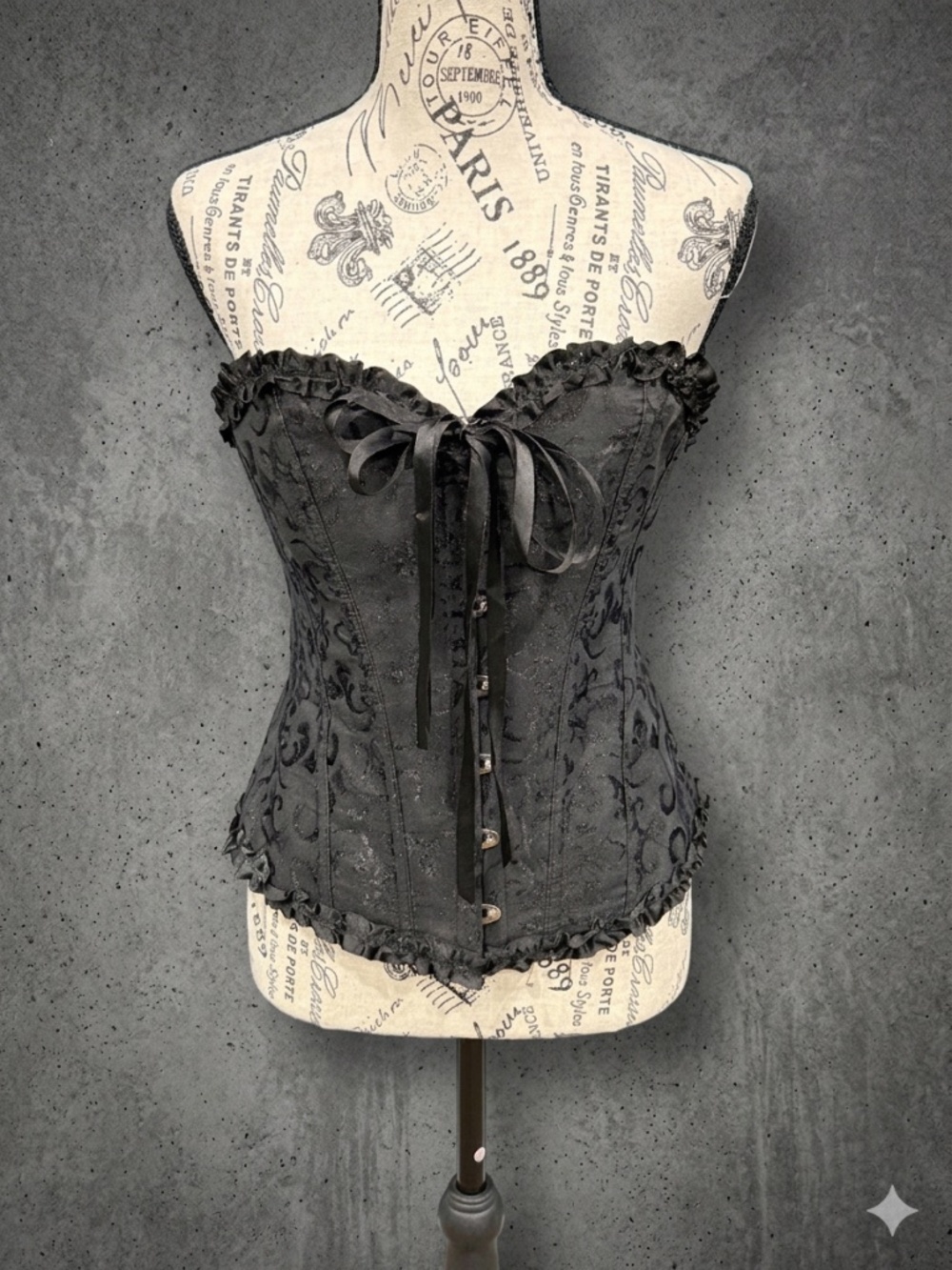 Gothic Black Brocade Overbust Corset Top Ruffle Trim Lace Up Punk Bustier Large